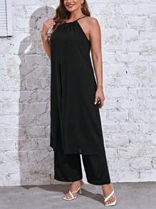 SHEIN Essnce Plus Solid Tied Backless Top & Wide Leg Trousers - Black - View 4