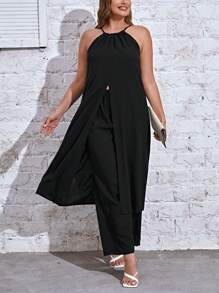 SHEIN Essnce Plus Solid Tied Backless Top & Wide Leg Trousers - Black - View 5