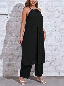 SHEIN Essnce Plus Solid Tied Backless Top & Wide Leg Trousers - Black - View 6