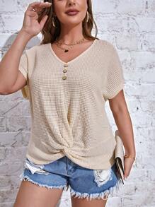 SHEIN Essnce 大碼扭結下擺蝙蝠袖T恤 - 杏色 - 查看 1