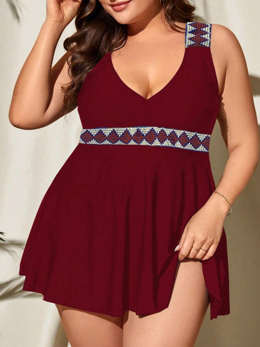 大码几何印花荷叶边下摆比基尼夏季海滩 - 酒紅色 - 查看 1