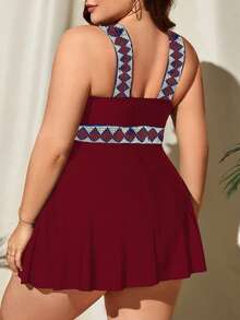 大码几何印花荷叶边下摆比基尼夏季海滩 - 酒紅色 - 查看 2