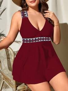 大码几何印花荷叶边下摆比基尼夏季海滩 - 酒紅色 - 查看 3