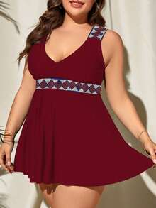 大码几何印花荷叶边下摆比基尼夏季海滩 - 酒紅色 - 查看 4