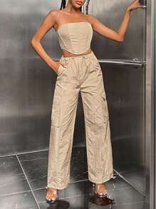 SHEIN ICON Solid Tube Top & Flap Pocket Wide Leg Pants - Khaki - View 1