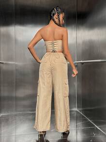 SHEIN ICON Solid Tube Top & Flap Pocket Wide Leg Pants - Khaki - View 2
