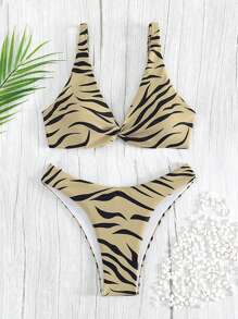SHEIN Zebra Striped Twist Front Bikini Set For Summer Beach