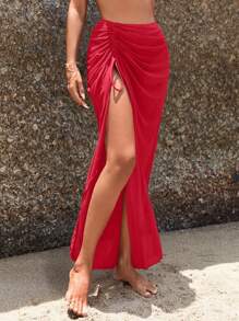 Swim Vcay Bên dây rút Tách đùi Váy che - Đỏ - Xem 5