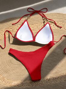 SHEIN Swim 珍珠細節掛脖三角杯比基尼泳裝 - 紅色 - 查看 2