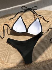 SHEIN Swim Summer Beach Pearls Detail Halter Triangle Bikini Set