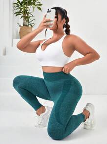 Yoga Basic 大碼四種寬腰帶運動打底褲 - 墨綠色 - 查看 3