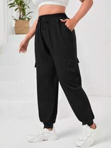 Easithlete Plus Flap Pocket Side Drawstring Waist Sports Trousers - Black - View 1