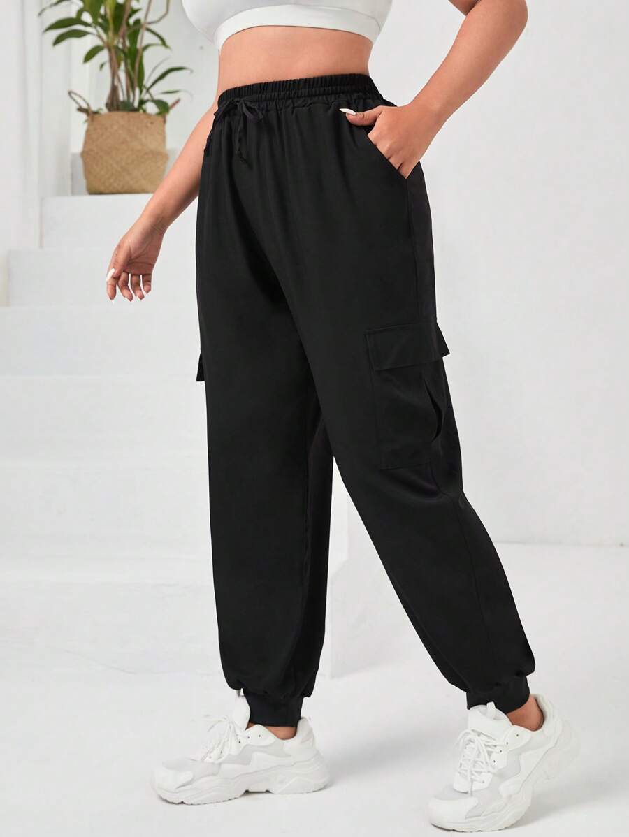 Easithlete Plus Flap Pocket Side Drawstring Waist Sports Trousers - Black - View 1