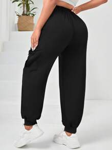 Easithlete Plus Flap Pocket Side Drawstring Waist Sports Trousers - Black - View 2