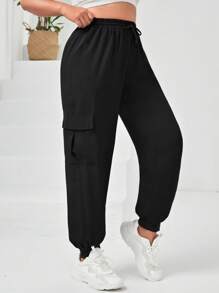 Easithlete Plus Flap Pocket Side Drawstring Waist Sports Trousers - Black - View 3
