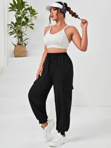 Easithlete Plus Flap Pocket Side Drawstring Waist Sports Trousers - Black - View 5