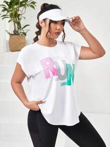 SHEIN Daily&Casual Plus Letter Graphic Batwing Sleeve Curved Hem Sports Tee - White - View 1
