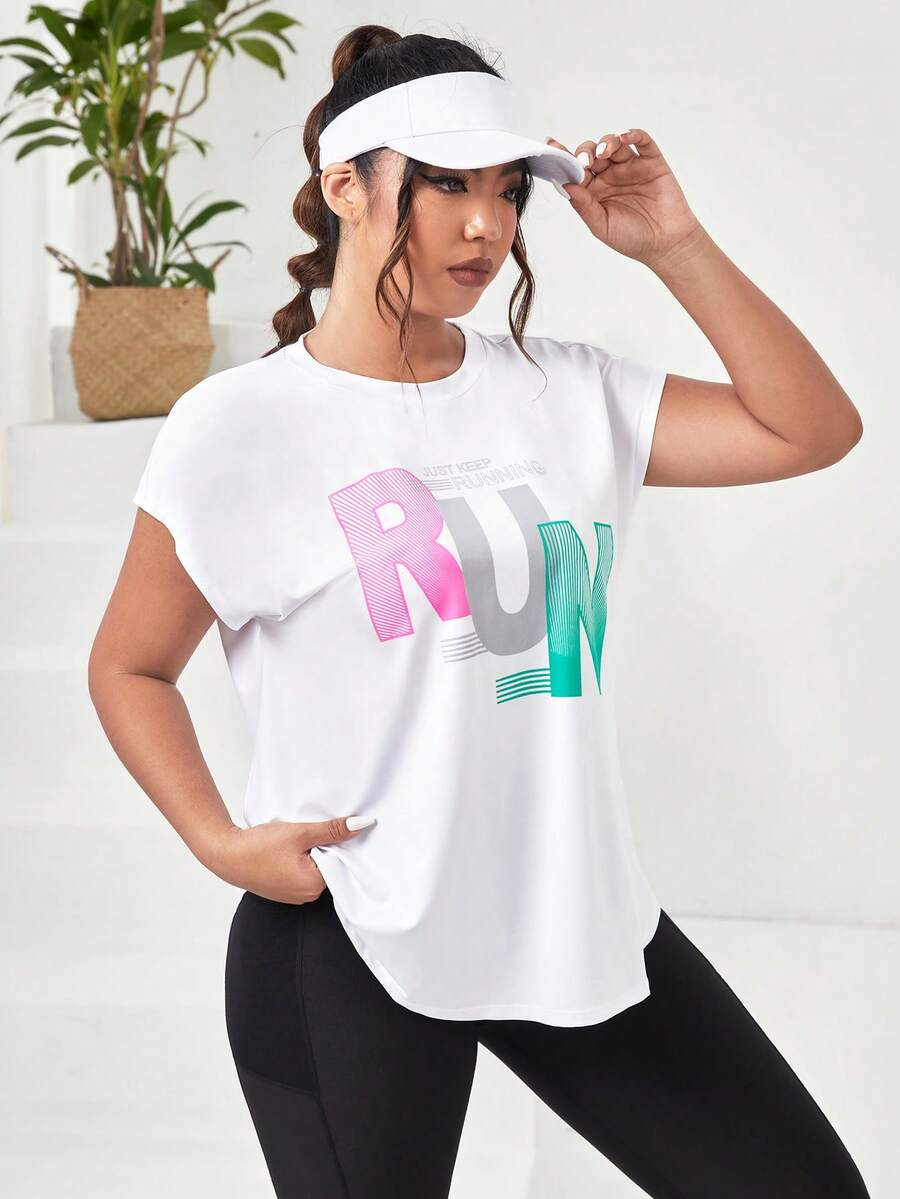 SHEIN Daily&Casual Plus Letter Graphic Batwing Sleeve Curved Hem Sports Tee - White - View 1