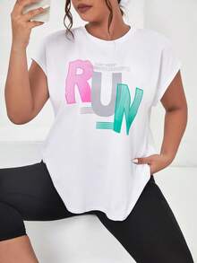 SHEIN Daily&Casual Plus Letter Graphic Batwing Sleeve Curved Hem Sports Tee - White - View 3