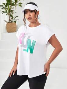 SHEIN Daily&Casual Plus Letter Graphic Batwing Sleeve Curved Hem Sports Tee - White - View 4