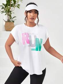 SHEIN Daily&Casual Plus Letter Graphic Batwing Sleeve Curved Hem Sports Tee - White - View 5