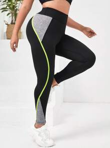 Plus Colourblock Contrast Binding Sports Leggings - Black - View 1