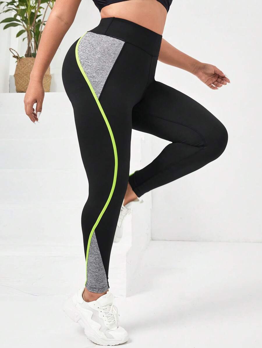 Plus Colourblock Contrast Binding Sports Leggings - Black - View 1