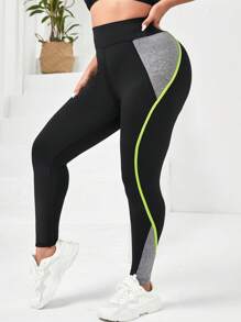 Plus Colourblock Contrast Binding Sports Leggings - Black - View 5