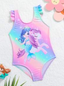 Baby Girl Unicorn Print Ruffle Trim One Piece Swimsuit - Multicolor - View 1