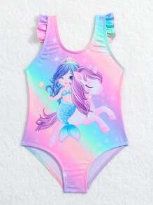 Baby Girl Unicorn Print Ruffle Trim One Piece Swimsuit - Multicolor - View 3
