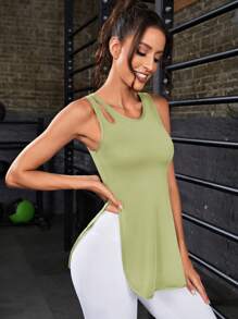 鏤空下擺開叉運動背心 - 軍綠色 - 查看 5