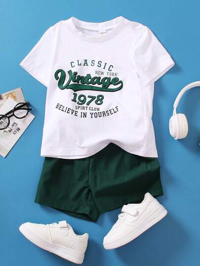 SHEIN Streecool Kids 2pcs/Set Young Boys' Casual Sports Outfit, Color Block Slogan Print Crew Neck T-Shirt And Relaxed Shorts, Simple & Comfortable For Spring Summer Sportswear, Casual, School