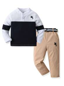 SHEIN 2 件儿童男童休闲时尚拼布刺绣马装饰长袖上衣和裤子（配腰带），适合外出、旅行、派对、度假、时尚装扮 - 彩色 - 查看 7