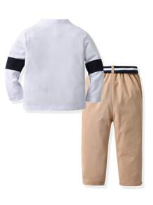SHEIN 2 件儿童男童休闲时尚拼布刺绣马装饰长袖上衣和裤子（配腰带），适合外出、旅行、派对、度假、时尚装扮 - 彩色 - 查看 2