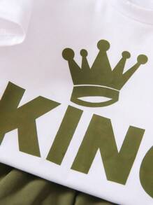 SHEIN 男小童3入組字母圖案T恤&翻蓋口袋夾克背心&短褲套裝 - 軍綠色 - 查看 8