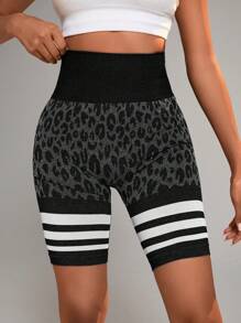 Yoga Sxy Leopard & Striped Print Wideband Waist Sports Shorts