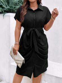 Celure Talla grande Vestido camisero fruncido con cinturón - Negro - Ver 2