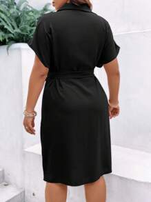 Celure Talla grande Vestido camisero fruncido con cinturón - Negro - Ver 3