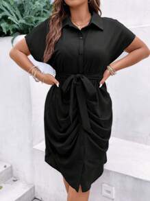Celure Talla grande Vestido camisero fruncido con cinturón - Negro - Ver 4