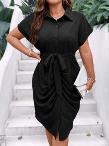 Celure Talla grande Vestido camisero fruncido con cinturón - Negro - Ver 5