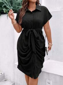Celure Talla grande Vestido camisero fruncido con cinturón - Negro - Ver 6
