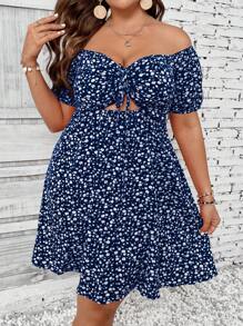 SHEIN Clasi Plus Ditsy Floral Print Off Shoulder Cut Out Drawstring Front Summer Boho Dress - Blue - View 3
