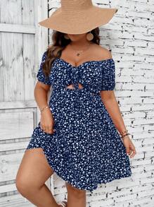SHEIN Clasi Plus Ditsy Floral Print Off Shoulder Cut Out Drawstring Front Summer Boho Dress - Blue - View 4