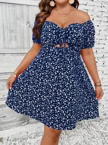 SHEIN Clasi Plus Ditsy Floral Print Off Shoulder Cut Out Drawstring Front Summer Boho Dress - Blue - View 5