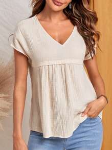 EMERY ROSE Solid V Neck Batwing Sleeve Smock Blouse - Apricot - View 2