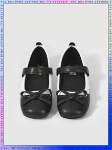 女孩蝴蝶結裝飾貝殼邊方頭公主瑪麗珍平底鞋適用於戶外 - 黑與白 - 查看 1