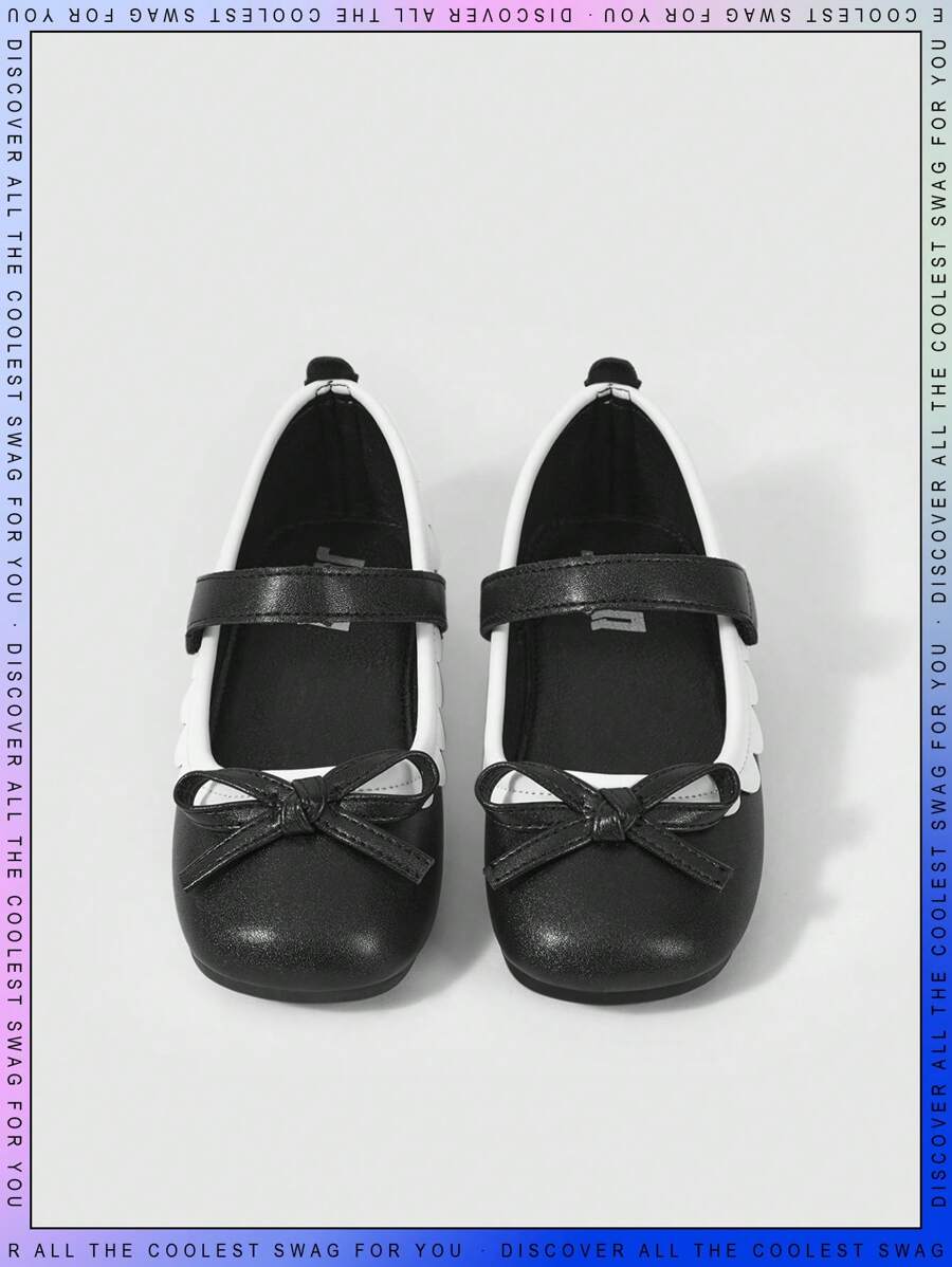 女孩蝴蝶結裝飾貝殼邊方頭公主瑪麗珍平底鞋適用於戶外 - 黑與白 - 查看 1