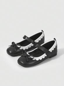 女孩蝴蝶結裝飾貝殼邊方頭公主瑪麗珍平底鞋適用於戶外 - 黑與白 - 查看 8