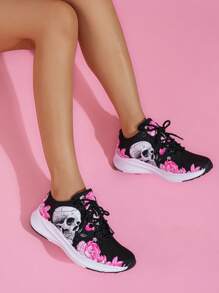 女式骷髏和玫瑰圖案繫帶前跑鞋，運動型戶外運動鞋 - 彩色 - 查看 2