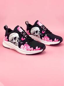 女式骷髏和玫瑰圖案繫帶前跑鞋，運動型戶外運動鞋 - 彩色 - 查看 3